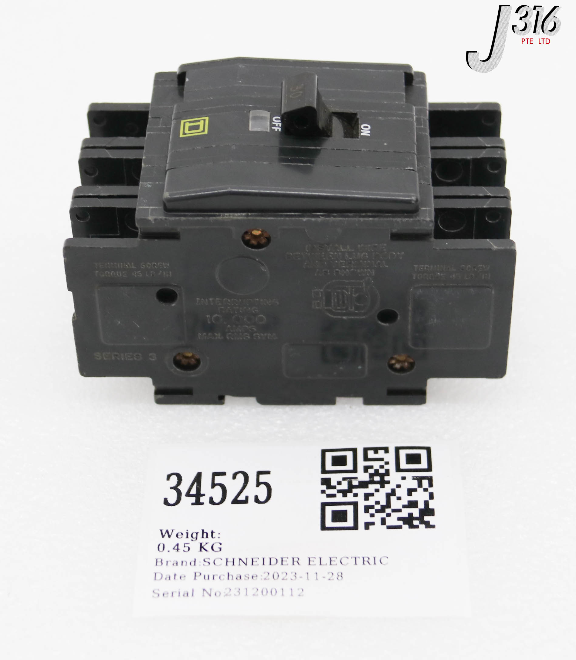 HD 34525 SCHNEIDER ELE SQUARE D 3-POLE CIRCUIT BREAKER, QOU SERIES